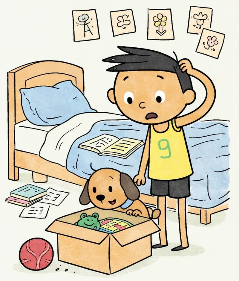 On the right side of the image, Jim stands in his bedroom beside his bed, scratching his head with one hand and looking down with a worried, uncertain expression at an open toy box on the floor in front of him. Jim's pup peeks out from behind the toy box with wide, curious eyes. The box contains a green toy frog figure and a tangled old board game, and on the floor nearby sits a red ball. The bed is messy with books and papers strewn across the blue bedspread, and child's drawings are pinned to the green wall behind Jim. The left ~40% of the image is plain light green background, clear for text overlay.