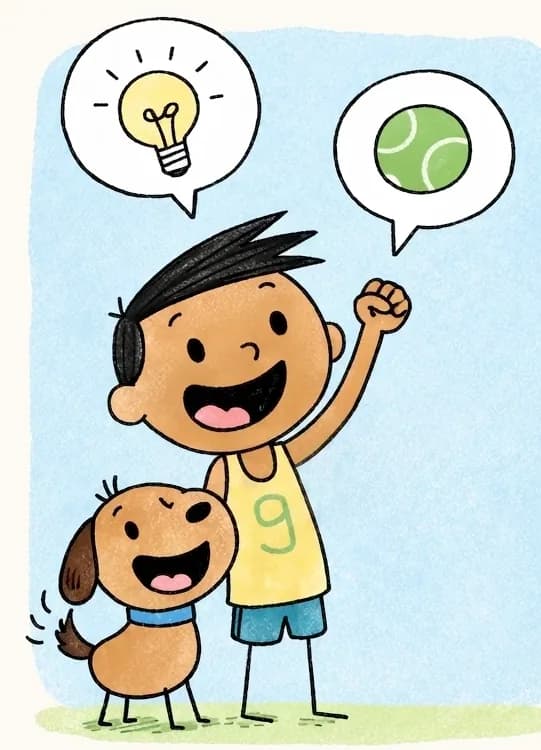 On the left side of the image, Jim and Jim's pup are shown together against a light blue background, both with wide, excited grins. Jim raises one fist in the air enthusiastically while pointing upward with his other hand, and Jim's pup stands beside him at the lower left, looking up with an eager, open-mouthed smile and wagging its tail. Thought bubbles float above them — a lightbulb above Jim and a tennis ball above Jim's pup — showing them brainstorming about their favorite things around the house. The right ~40% of the image is plain pale green background with no characters or detail.