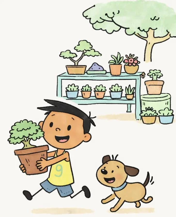 On the right side of the image, Jim is running with a determined, grinning expression, carrying a large potted plant in both hands. Jim's pup trots alongside him on the right, looking excited. Behind them is an outdoor garden setting with shelves of potted plants, trees, and greenery — a suburban garden area. The left ~40% of the image is plain light green background, clear for text overlay.