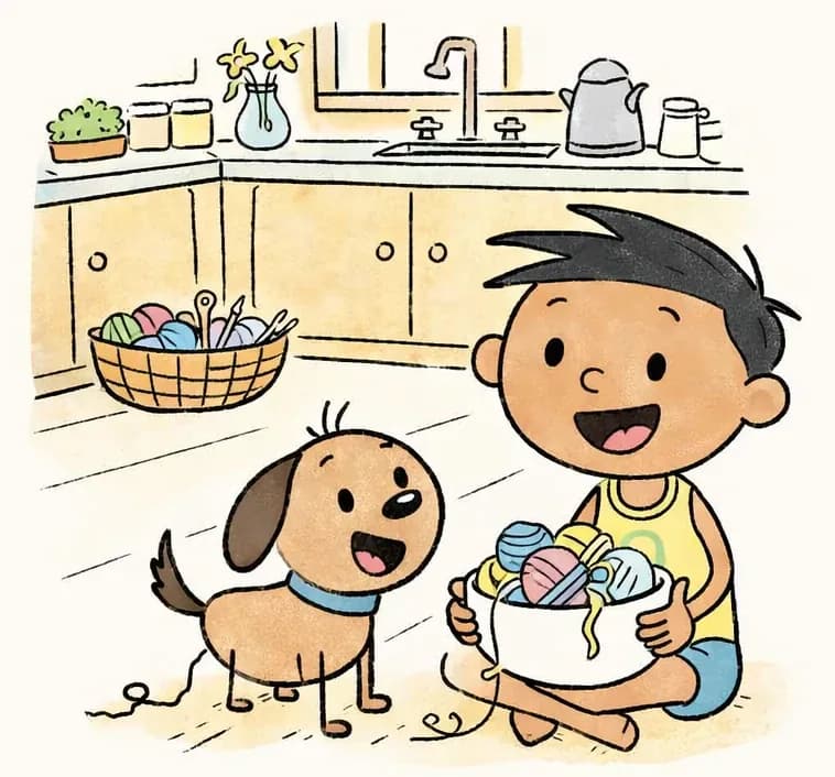 On the left side of the image, Jim sits on a wooden kitchen floor holding a bowl overflowing with colorful wool and twine, looking up with a cheerful, determined smile. Jim's pup sits beside him on the left, appearing playful and alert, with a strand of wool trailing near its paw. The scene is set indoors in a cozy kitchen with countertops, a sink, a craft basket nearby, and various household items visible in the background. The entire scene is contained in a vignette on the left side, with the right ~40% being plain light green background.