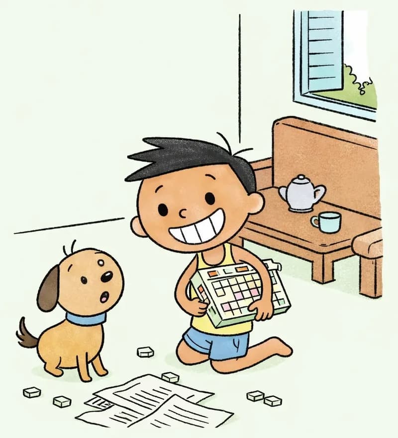 On the right side of the image, Jim kneels on the floor of a living room, grinning excitedly while holding up a board game box (appears to be a crossword or word-puzzle style game) and tucking it under his arm. Jim's pup sits nearby on the floor beside scattered newspapers and game pieces. The indoor scene features a couch, a side table with a teapot, and a window letting in daylight, all set in a cozy suburban living room. The left ~40% of the image is plain light green background, clear for text overlay.
