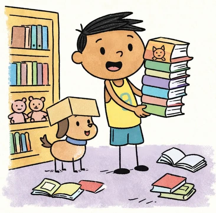 On the left side of the image, Jim stands in a bedroom smiling happily while carrying a tall stack of books, with the top book showing a fox illustration on its cover. Jim's pup stands nearby on the left, partly hidden under a cardboard box balanced on its head, looking comically bewildered. The room is an indoor setting with a wooden bookshelf filled with books, toys (a teddy bear, a doll), and scattered open books on a purple carpet, with a bed partially visible at the lower right edge. The right ~40% of the image is plain light green background.