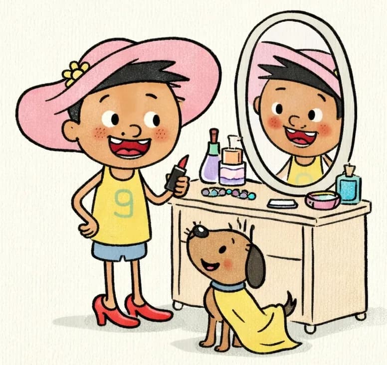 On the right side of the image, Jim stands in front of a vanity mirror in a bedroom, blushing and laughing at his reflection. He has lipstick smeared on his lips, a large floppy hat on his head, and red high-heeled shoes on the floor beside his feet. He holds a lipstick in one hand. Jim's pup sits nearby on the right, looking on with a playful expression, draped in a yellow scarf. The vanity has perfume bottles, jewelry, and makeup items on it. The left ~40% of the image is plain muted green background.
