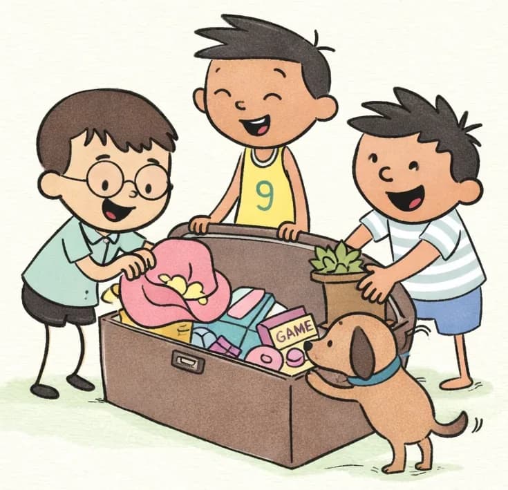 On the left side of the image, Jim, Len, and Jim's pal are gathered around an open trunk or storage box on the floor of a bedroom, placing items back inside. Len stands on one side of the trunk, pushing a pink floppy hat back into it. Jim's pal stands on the opposite side, placing a potted plant into the trunk. Jim stands behind the trunk near the bed, smiling with his eyes closed contentedly as the cleanup happens. Jim's pup stands on its hind legs at the edge of the trunk, sniffing or nosing at the items inside. Visible in the trunk are wool, books, a board game box, and other collected items. The right ~40% of the image is plain soft green background.