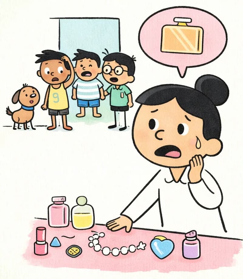 On the right side of the image, Mom stands in the foreground at a dresser or vanity table covered with jewelry and perfume items, looking distressed with a worried, open-mouthed expression, one hand on the dresser where an empty spot is visible among the bottles. A pink thought bubble above her shows a perfume bottle. In the background, visible through a doorway, Jim, Len, and Jim's pal stand together looking sheepish and nervous with frozen, guilty expressions, while Jim's pup sits nearby on the floor beside them. The scene is set indoors in a brightly lit home, with the left ~40% of the image left as plain green background for text.