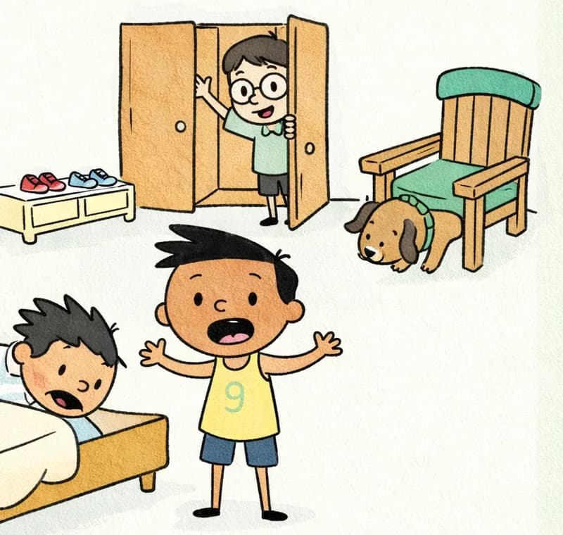 On the left side of the image, Jim stands in the center of his bedroom with arms spread wide and mouth open in a frustrated, exasperated expression, as if declaring the perfume is nowhere to be found. Len peeks out from behind an open cupboard door in the background, searching inside with a curious, wide-eyed look. Jim's pal is in the lower-left area, leaning over and reaching under the bed to search beneath it. Jim's pup is partially visible behind a wooden chair with a green cushion, with its nose pressed low to the floor, scratching and sniffing. The indoor scene shows a bedroom with a tiled floor, a low shoe rack, a cupboard, and a chair — the right ~40% is plain light green background.