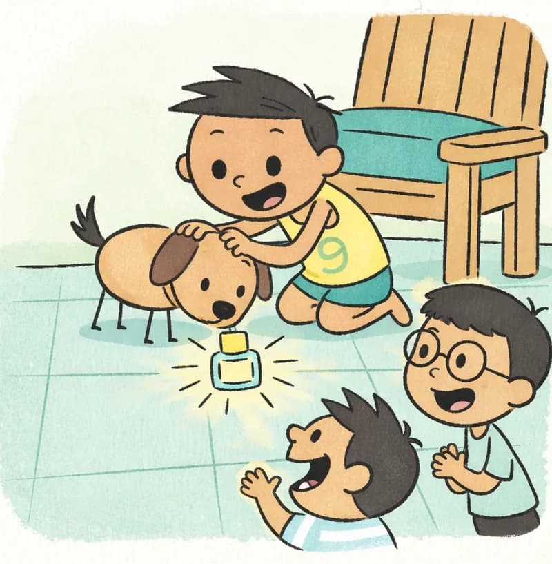 On the right side of the image, Jim's pup emerges from under a wooden chair, nose down near a glowing perfume bottle on the tiled floor, having just sniffed it out. Jim kneels excitedly behind the chair with a wide, joyful grin, reaching down to give his pup big scratches on its head. Len and Jim's pal stand in the foreground at the lower right, facing the scene and clapping and cheering with big smiles. The scene is set indoors on a light-tiled floor with a soft green wall in the background, with warm, cheerful lighting suggesting daytime. The left ~40% of the image is plain light green background.