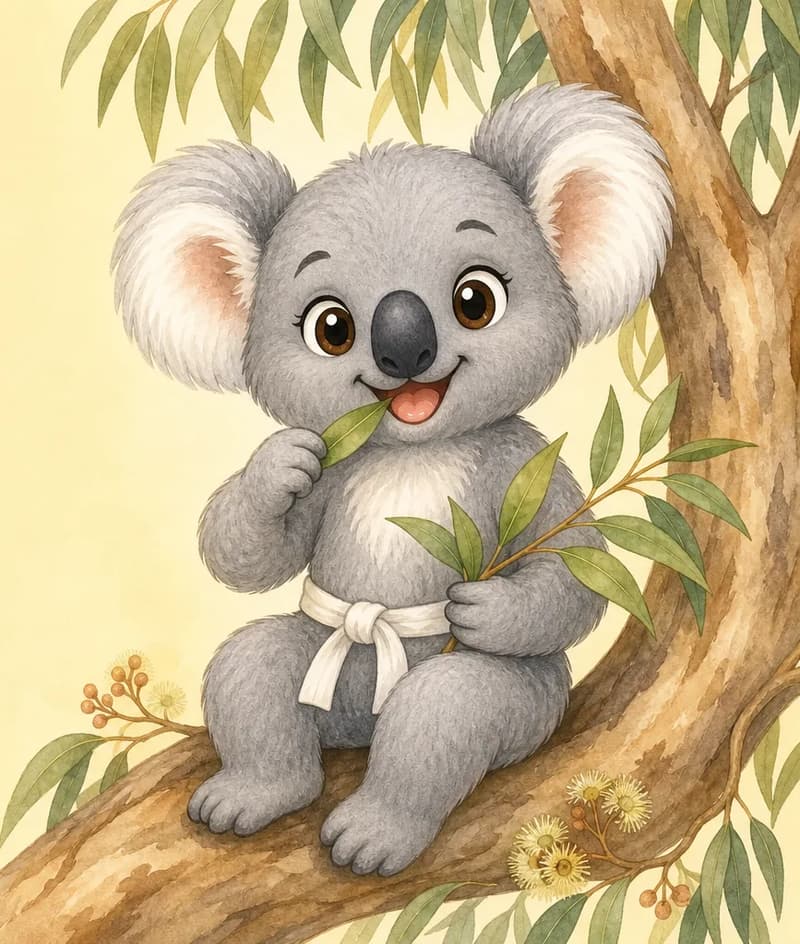 Introduce Karina. She is on a eucalyptus branch holding a small cluster of eucalyptus leaves, nibbling on one. Friendly, calm expression. The setting suggests an Australian-feeling eucalyptus tree to mark her as a recent newcomer. Mood: welcoming.