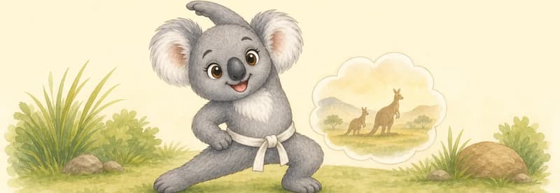 Karina in a simple fitness pose — perhaps stretching or balancing on her back legs. A small thought-bubble shows two distant kangaroo silhouettes (her missed friends from Australia). She looks a touch wistful but determined.