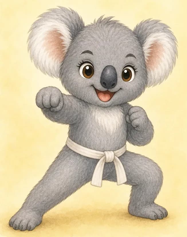Karina in a clear karate stance — front leg bent, fists raised, a determined focused expression. She might be wearing a simple white karate gi or a karate-style belt to make the discipline obvious. No opponent present — just Karina demonstrating the form solo.