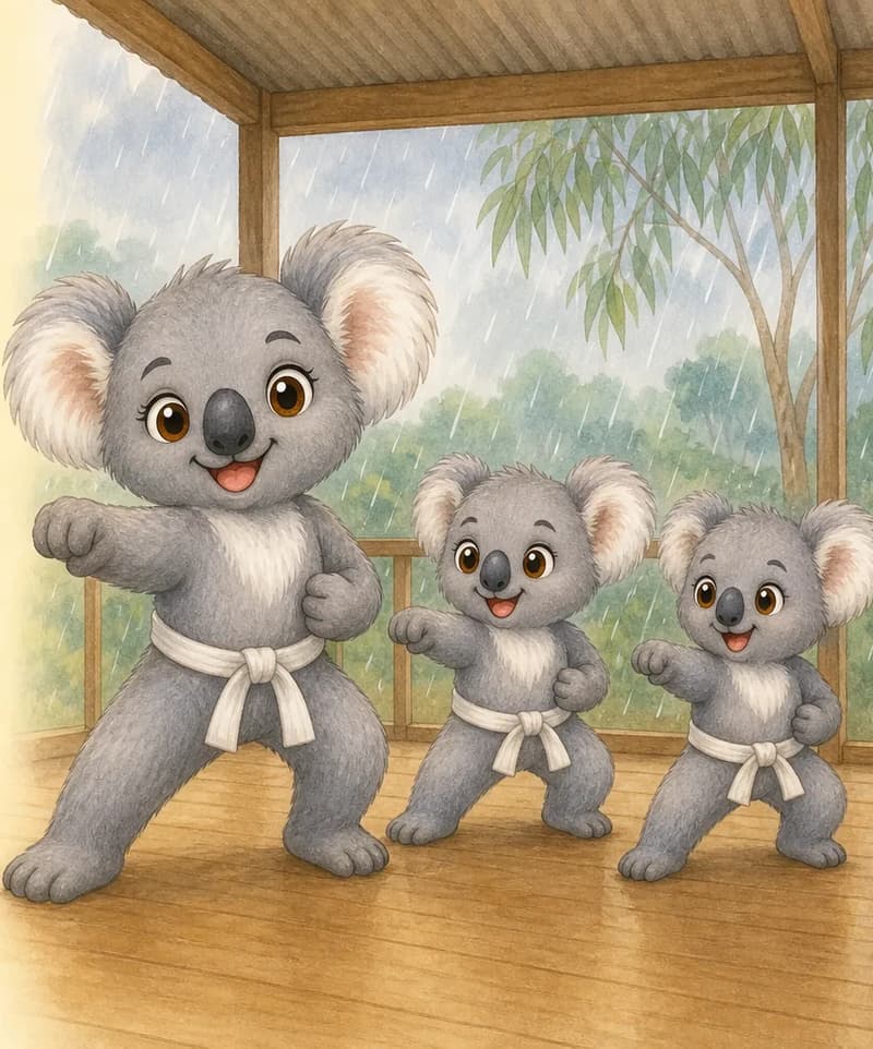 Karina stands in front of two small young koalas (Karim and Kika) inside a simple kiosk (a small open-sided shelter with a roof). She demonstrates a karate move; the two young koalas copy her with focused little faces. Light rain falls outside the kiosk roof.