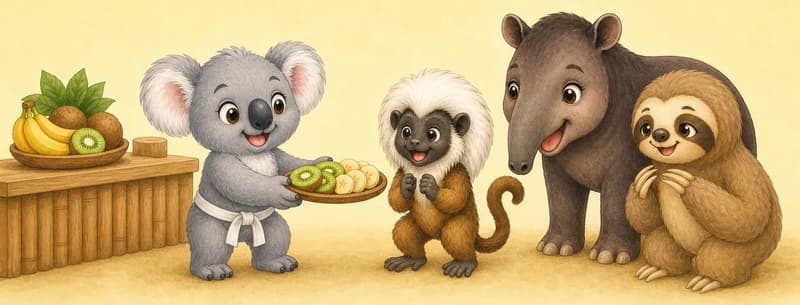 Inside or beside the kiosk: Karina offers slices of kiwi and banana on a small platter to Mario the monkey, Diana the tapir, and Octavio the sloth, who are grouped together as her enthusiastic karate students. Everyone looks happy and energized after the workout. Friendly, social scene.