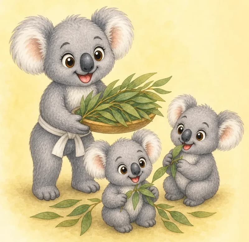 Karina serves a generous heap of fresh eucalyptus leaves to the two younger koalas. Everyone looks satisfied and cheerful — the closing feel-good scene of a healthy day. Simple background.