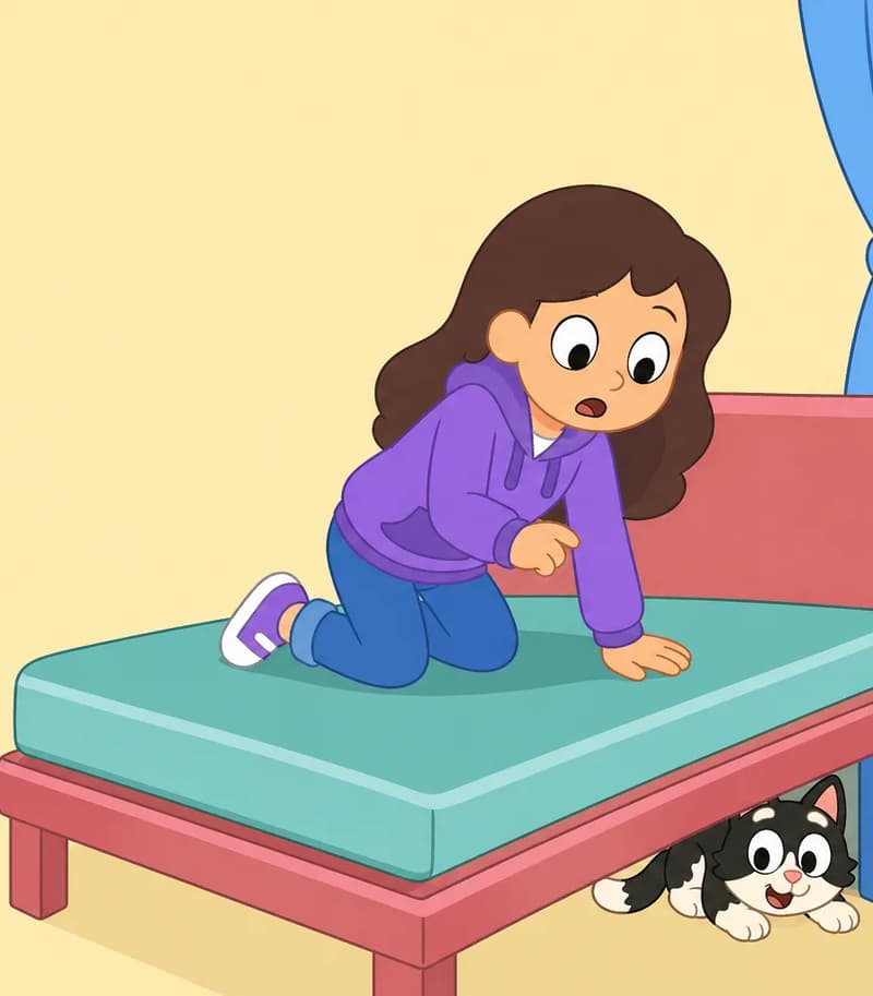 On the right side of the image, Girl is kneeling on a bed, leaning forward with a worried, surprised expression and her mouth open, as if she has just noticed Kit is missing. Kit the cat is partially visible hiding under the bed in the bottom-right corner, peeking out. The scene is set indoors in a bedroom with blue curtains on the right and a light-colored wall behind. The left side of the image is plain background.