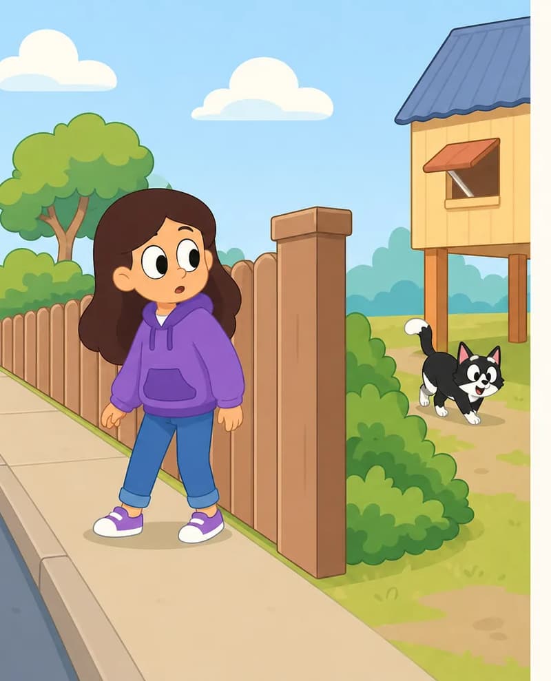 On the left side of the image, Girl stands on a sidewalk beside a wooden fence, looking back over her shoulder with a curious, slightly puzzled expression as she searches for Kit. Behind the fence on the other side, Kit is walking along the ground near some bushes and a raised suburban house, unnoticed by Girl. The scene is set outdoors on a bright daytime suburban street with green bushes, trees, and soft clouds in the sky. The right side of the image is plain white background, clear for text overlay.