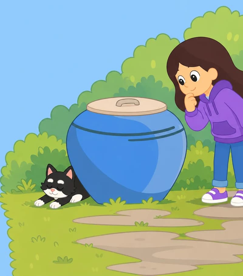 On the right side of the image, Girl stands on a stone path next to a large, blue lidded pot, leaning forward with one hand raised to her chin in a curious, puzzled expression as she peers around it. Kit is crouched low on the ground behind the base of the pot, partially hidden, appearing to be sneaking or hiding with eyes slightly closed. The scene is set outdoors on a sunny day in a suburban yard with green grass and hedges in the background.