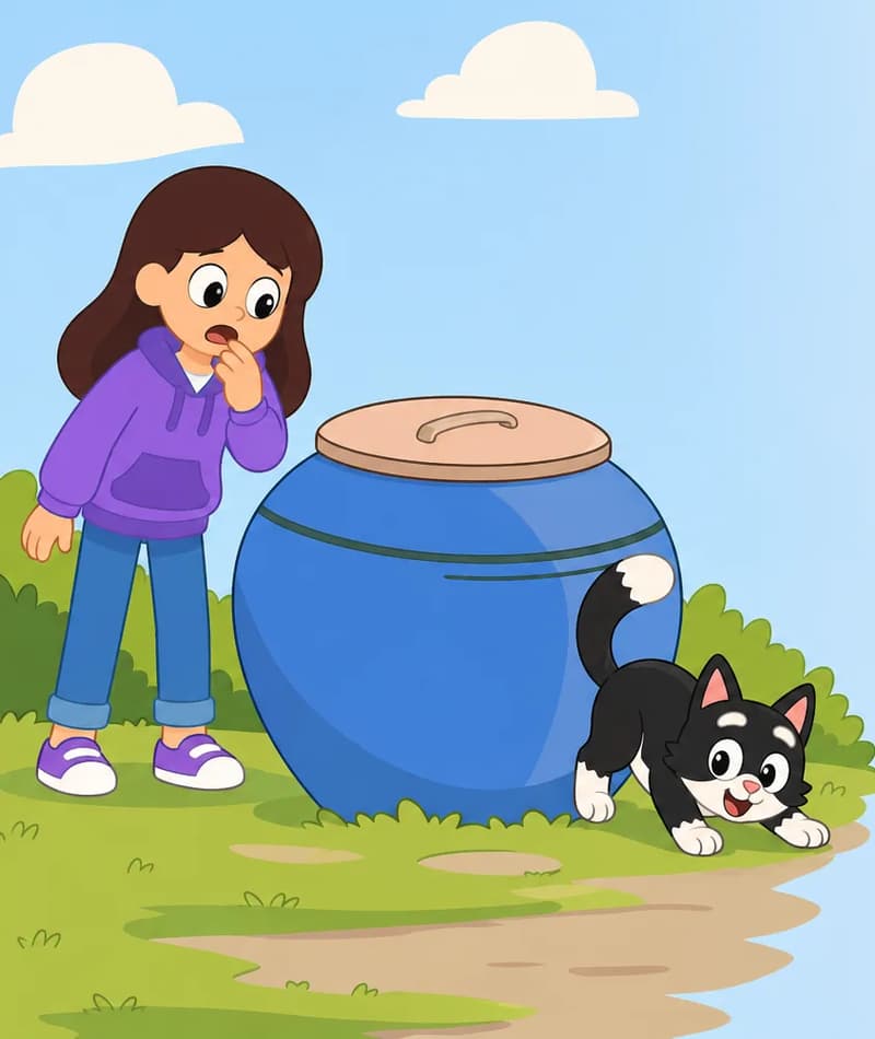 On the left side of the image, Girl stands beside a large blue pot with a lid, holding one hand to her chin with a worried, panicked expression as she looks around frantically searching for her cat. Kit is crouched low on the right side of the pot, sneaking around its base with a mischievous posture — Girl hasn't noticed her yet. The scene is set outdoors on a grassy yard with soft clouds in the sky, and the right ~40% of the image is plain light background.