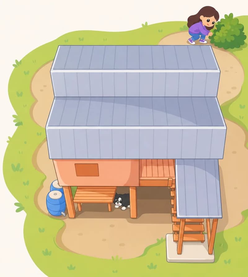 On the right side of the image, Girl is seen from above in the far upper-right corner, crouching or bending down near a bush beside the back of the house, searching through the branches with a determined expression. The scene is an outdoor backyard view shown from a high angle, with a house featuring a gray roof, a raised porch with wooden stairs, and a blue rain barrel beside it. The yard has green grass and dirt paths. The left side of the image is plain light background. Kit is partially visible as a small dark figure tucked underneath the house near the stilts at the bottom.