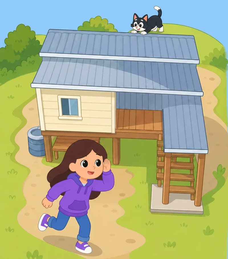 On the left side of the image, Girl stands at the front of a suburban house viewed from a high overhead angle, running toward the building with a searching, alert posture and one hand cupped near her ear as if listening. The house is a raised suburban home with a metal roof, wooden deck, and a ladder leading up to it, surrounded by a green lawn and a dirt path. Kit is visible sneaking along the far edge of the rooftop behind the house, completely out of Girl's line of sight. The right side of the image is open plain background. The scene is set outdoors on a bright, clear day.