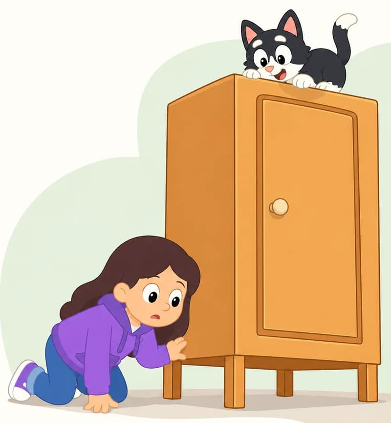 On the right side of the image, Girl is crouching on her hands and knees beside a wooden cupboard in her bedroom, peering underneath it with a curious, slightly puzzled expression as she searches for Kit. Kit is perched on top of the cupboard, peeking over the edge and looking down at Girl with a mischievous expression — hidden in plain sight while Girl searches below. The left side of the image is plain white/light green background, clear for text overlay.