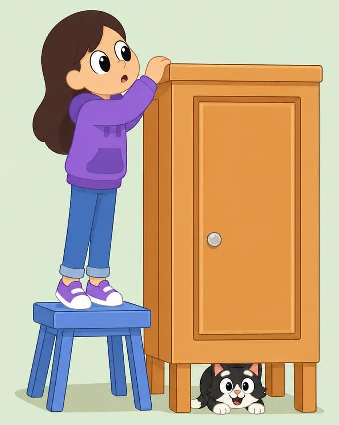 On the left side of the image, Girl stands on a small blue stool next to a tall wooden cupboard, reaching up and peering over the top with a determined, slightly frustrated expression as she searches for Kit. Underneath the cupboard, Kit is hiding — peeking out with a mischievous look, unseen by Girl. The scene is set indoors against a soft, light green wall with a plain white background extending to the right.