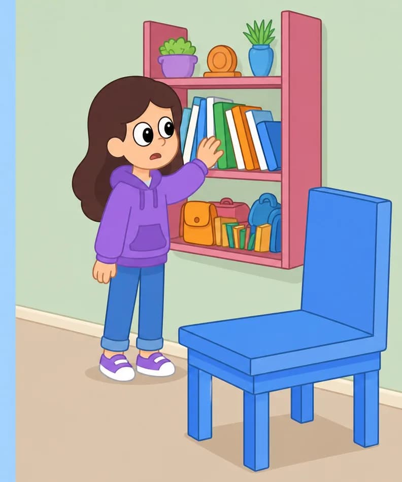 On the right side of the image, Girl stands beside a bookshelf mounted on a green bedroom wall, reaching up with one hand to search through the colorful books on the shelf, her expression worried and concerned. A blue chair sits in the center-right area. The scene is set indoors in a cozy bedroom with soft lighting.  Kit is not here in this room at all.