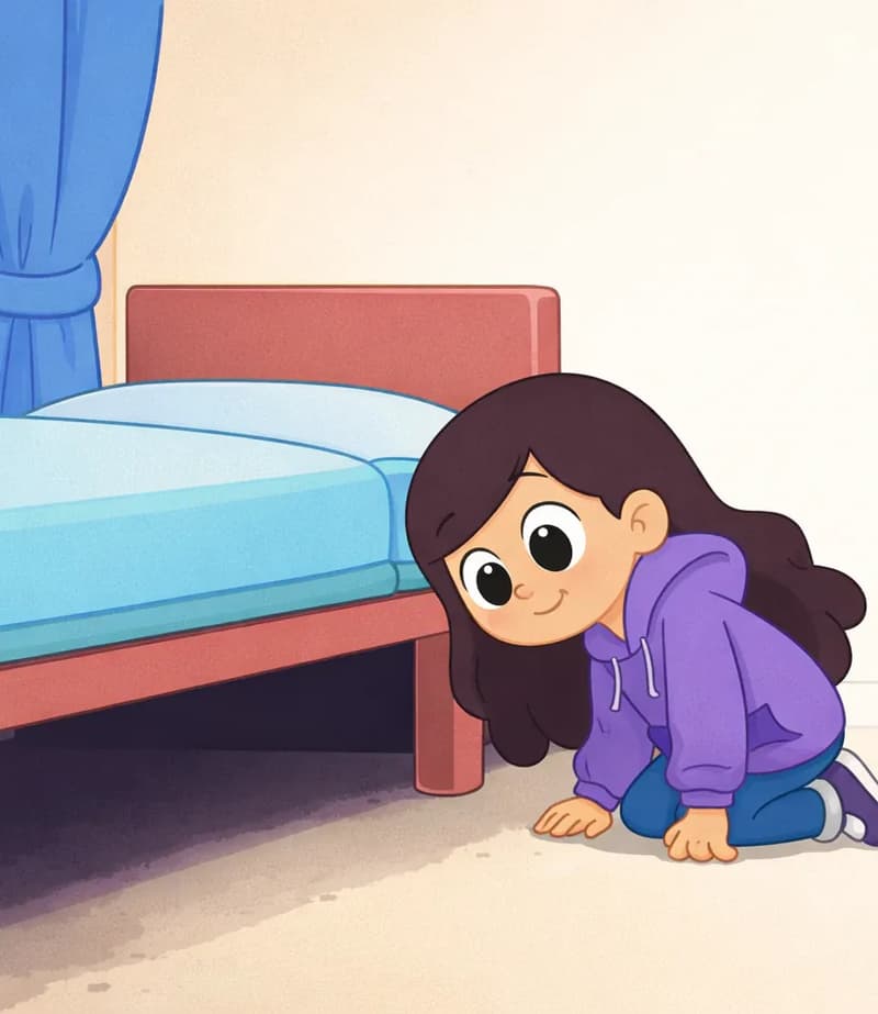 On the left side of the image, Girl is crouching down beside her bed, leaning forward with her hands on the floor as she peers underneath it with a hopeful, focused expression. The space under the bed is dark and empty — Kit is not there. The scene is set indoors in Girl's bedroom, with a blue curtain visible in the background and the bed with a light blue mattress on a pink frame. The right side of the image is plain white background.