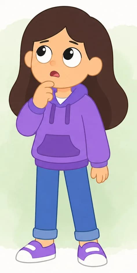 On the right side of the image, Girl is standing with one hand raised to her chin in a classic thinking pose, looking upward with a worried, puzzled expression — mouth slightly open as if talking to herself. The left side of the image is plain white background. Behind Girl is a soft, pale green watercolor wash. The scene conveys her frustration at having run out of ideas for where her cat might be hiding, as she considers calling for help.