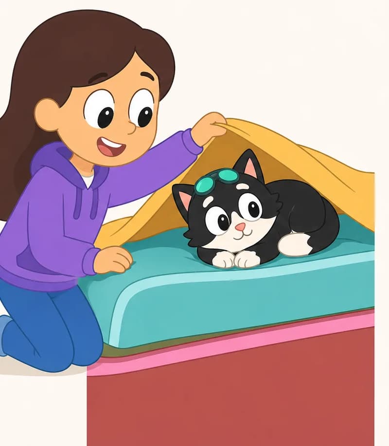 On the left side of the image, Girl kneels beside her bed with a wide, joyful smile, lifting up the edge of a golden-yellow blanket to reveal Kit lying curled up underneath, looking content with a gentle smile. Kit is lounging comfortably on the teal bedsheet, paws tucked in front, with a pair of green sunglasses resting on top of her head. Girl's expression is one of relief and happiness at finally finding her cat. The bed has colorful layered bedding in teal, pink, and warm red tones. The right side of the image is plain white background.