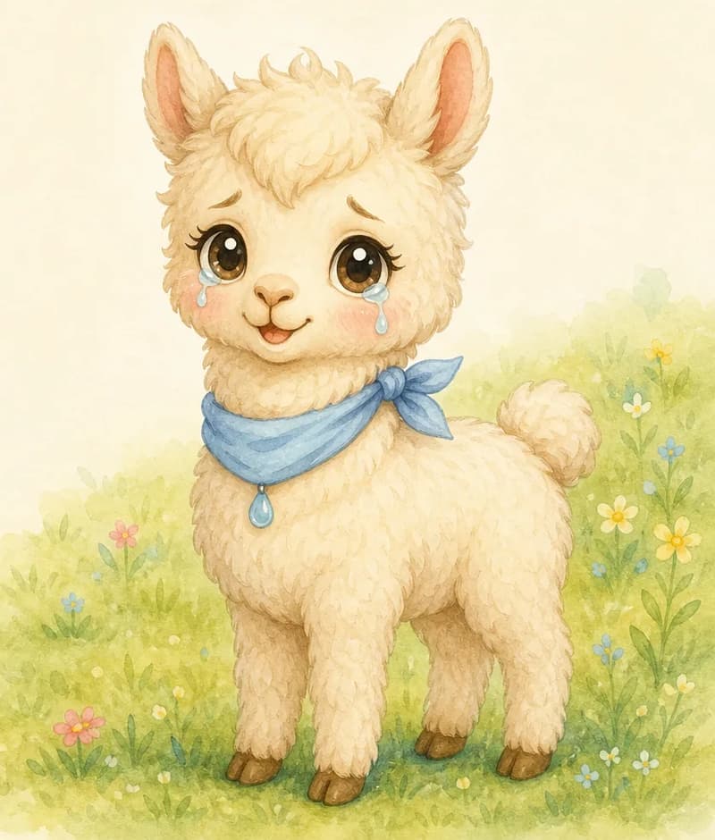 Introduce Lluvia. Show her full body in a soft pose, big shining tears welling in her eyes or a tear or two on her cheek. Setting: a simple grassy field. Mood: gently sad but endearing.