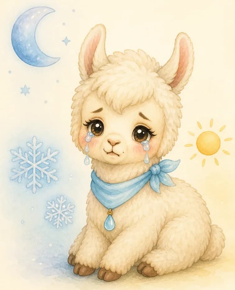 Lluvia sits with her head slightly bowed, tears flowing. A few simple suggestion props nearby: a snowflake or two and a small sun symbol in the sky together (suggesting both cold and heat thoughts), with a moon visible above to nod at "night." Keep the props very minimal and clustered with her, not spread across the page. Mood: deeply sympathetic, weepy.