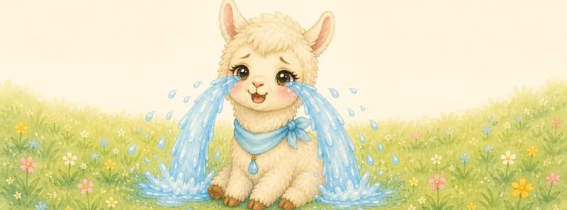 Lluvia in daylight, with very abundant tears streaming from her eyes — almost cartoonish little waterfalls — sitting in a grassy field. Her expression is overwhelmingly emotional. Mood: comic but tender, crying "a mares."