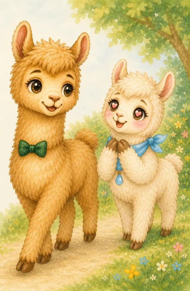 Llorente walks confidently into the nature park; Lluvia stands a short distance away with hearts in her eyes (or a sparkly, charmed gaze) and a delighted expression, completely captivated by him. Mood: love-at-first-sight, sweet.