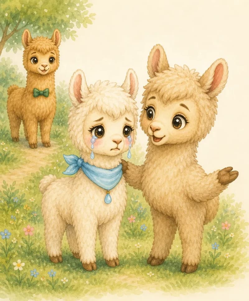 Lluvia crying again at the centre, with her friend Llamarada beside her leaning in to gently give advice — one front leg gestured out as if encouraging. Llorente is visible in the background, unaware. Mood: advice and tearful determination.