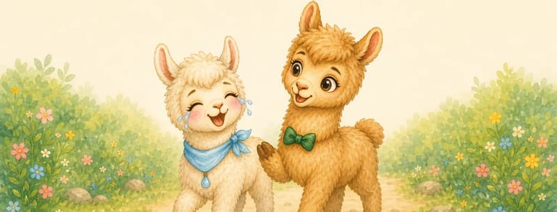Lluvia and Llorente walking side by side along a park path. Lluvia is laughing helplessly — eyes scrunched, mouth wide in laughter, with tears of laughter on her cheeks. Llorente is mid-story, head tilted toward her cheerfully. Mood: joyful, comedic friendship.