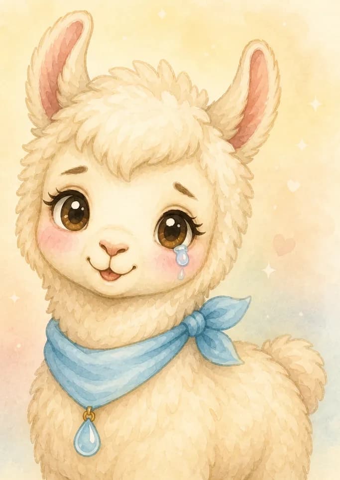 A closing portrait of Lluvia smiling warmly, with one happy tear glistening on her cheek — endearingly her crybaby self forever. Setting: simple soft background. Mood: warm, fond closing page.