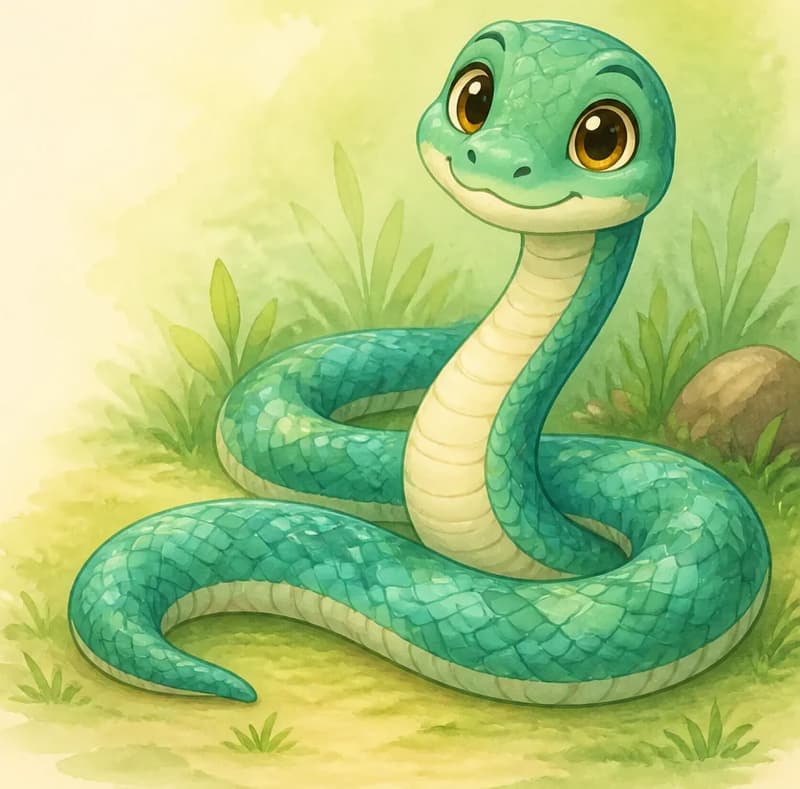 Introduce Sara. She is shown stretched along the ground, clearly with no legs, her long scaly body curving gently across a simple patch of grass or dirt. Her mouth is closed or only slightly open — fangs not emphasised on this page. Mood: warm and welcoming — the reader's first look at the main character.