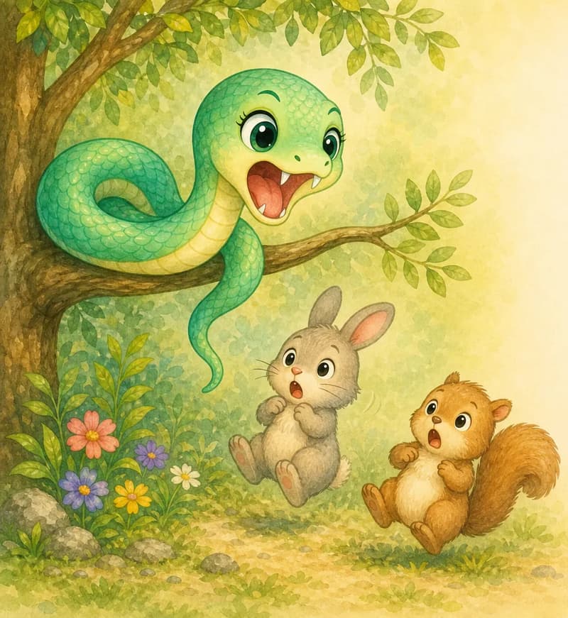 Sara is mid-hiss with her mouth open enough to clearly show her two sharp fangs and her scaly body. Nearby, one or two unnamed small forest animals jump back in startled surprise on hearing her hiss. Mood: surprising, slightly tense but not menacing — keep child-friendly.