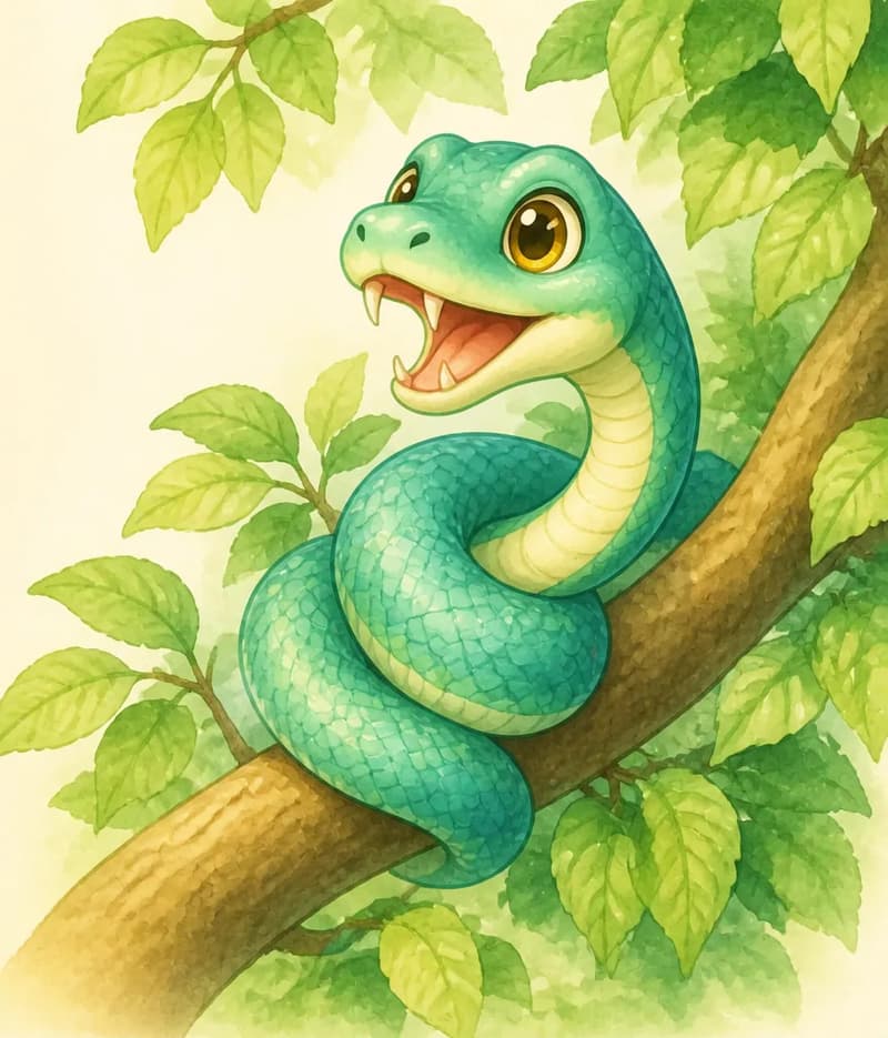 Sara coiled neatly around a tree branch among the leaves, partially hidden. Her head is raised and her mouth is open in a hiss with her two fangs visible. Her eyes are alert as she watches something off-page. Do not show humans or fire on the page — only Sara hidden in the branch reacting to what she sees. Mood: alert, watchful, brave.