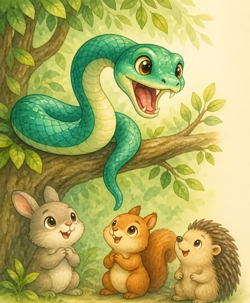 Sara still in or near her branch, mouth open in a strong hiss with fangs visible. Two or three unnamed small forest animals are visible nearby, looking up at her with relieved, grateful expressions as they realise she is protecting them. Do not depict humans. Mood: strong, protective, the animals' newfound understanding.