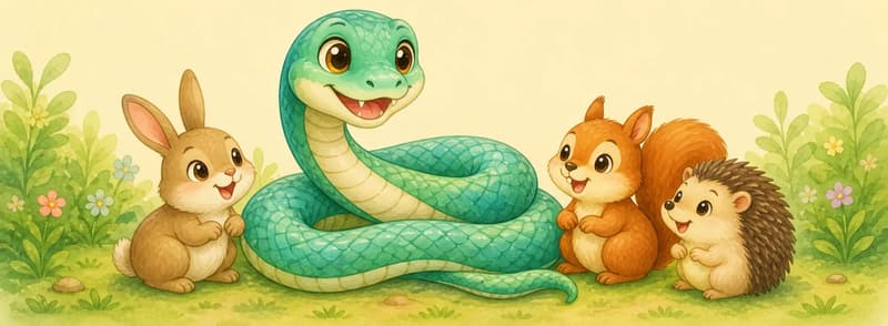 Sara coiled comfortably on the ground or low branch with a warm, content expression. Two or three unnamed small park animals are gathered around her in friendly closeness — no fear, only gratitude and welcome. Mood: warm, accepting, the closing feel-good page.