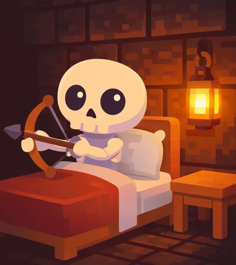 On the right side of the image, Skel is sitting upright on a bed in a dimly lit, blocky stone-walled bedroom, having just woken up with a startled, alert expression. Skel has an oversized round cream-white skull, large dark navy-black eye sockets with small white dot pupils, and a small stubby pale-white bone body with soft lavender-purple shading at the joints. The nighttime scene is lit by warm glowing lanterns on a small bedside table to the right. The left side of the image is open dark background space for text overlay.