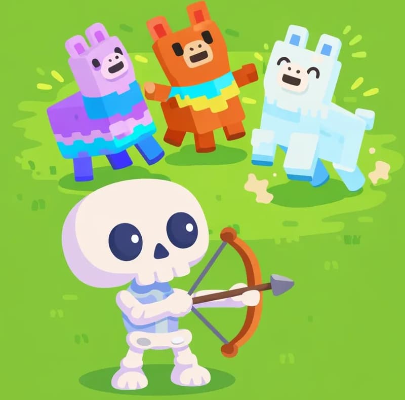 On the left side of the image, Skel stands outdoors on a grassy farm field, facing a group of three llamas gathered nearby. Skel has an oversized round cream-white skull, large dark navy-black eye sockets with small white dot pupils, and a small stubby pale-white bone body with soft lavender-purple shading at the joints. Skel has a surprised expression, looking at the llamas who appear excited and animated. Three blocky Minecraft-style llamas — one purple/blue, one orange/red, and one white/light blue — are standing together on the grass, appearing lively and energetic, stomping and prancing. The scene is set in bright daylight on an open green field with patches of dirt and grass visible in the background. The right ~40% of the image is plain green background suitable for text overlay.