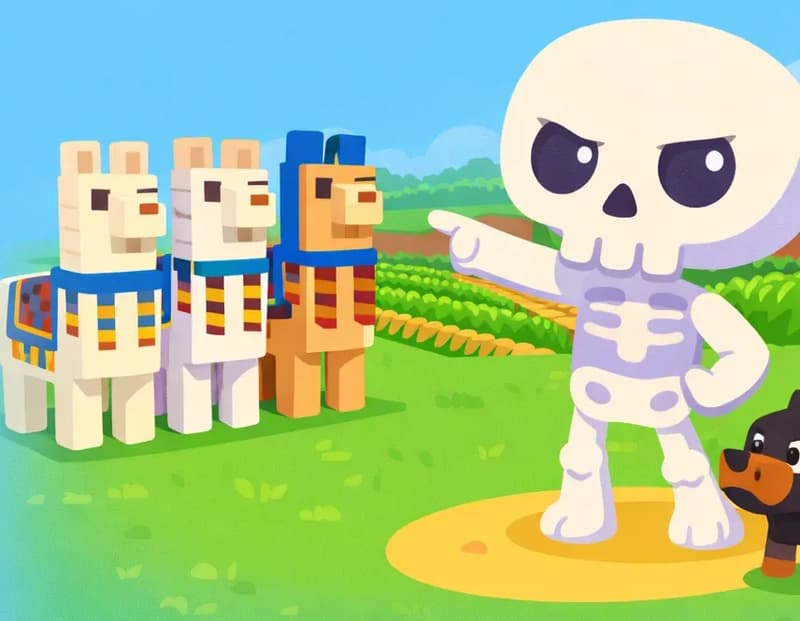 On the right side of the image, Skel stands upright in a grassy field with a determined, commanding expression, one arm raised and pointing away as if ordering the llamas to leave. Skel has an oversized round cream-white skull, large dark navy-black eye sockets with small white dot pupils, and a small stubby pale-white bone body with soft lavender-purple shading at the joints. In front of him on the left, three blocky Minecraft-style llamas face Skel defiantly, ignoring his command. Behind Skel stretches a farm with tilled crop rows. A small black and brown dog-like creature sits on the grass beside Skel on the right side. The scene is set outdoors on a bright, sunny day with blue skies, green grass, and rocky terrain visible in the background. The left ~40% of the image is open for text overlay.