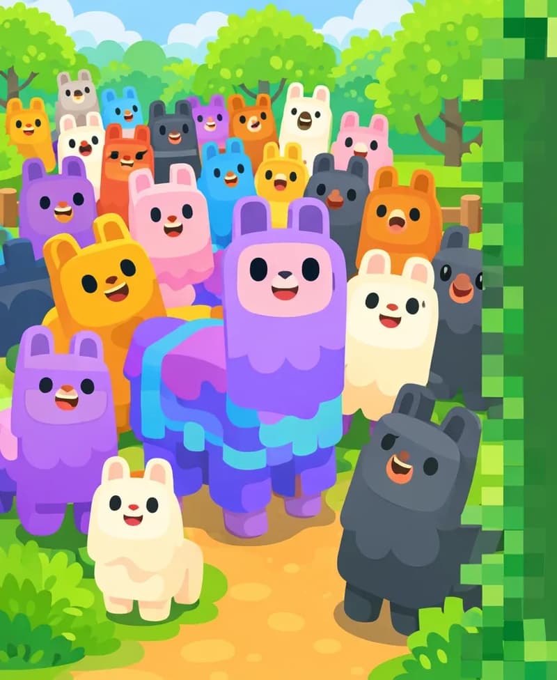 On the left side of the image, a large crowd of blocky Minecraft-style llamas is gathered together outdoors on a dirt path, standing and facing various directions with cheerful or mischievous expressions. A prominent purple-and-blue llama stands at the front of the group, with many more llamas of different colors (purple, blue, orange, white, pink, dark gray) packed closely behind it, suggesting the growing party mentioned in the text. The scene is set in a bright morning in a grassy, tree-lined suburban yard, with a wooden fence visible behind the group. The right side of the image is a plain dark-green text overlay area bordered by a pixelated leaf frame.