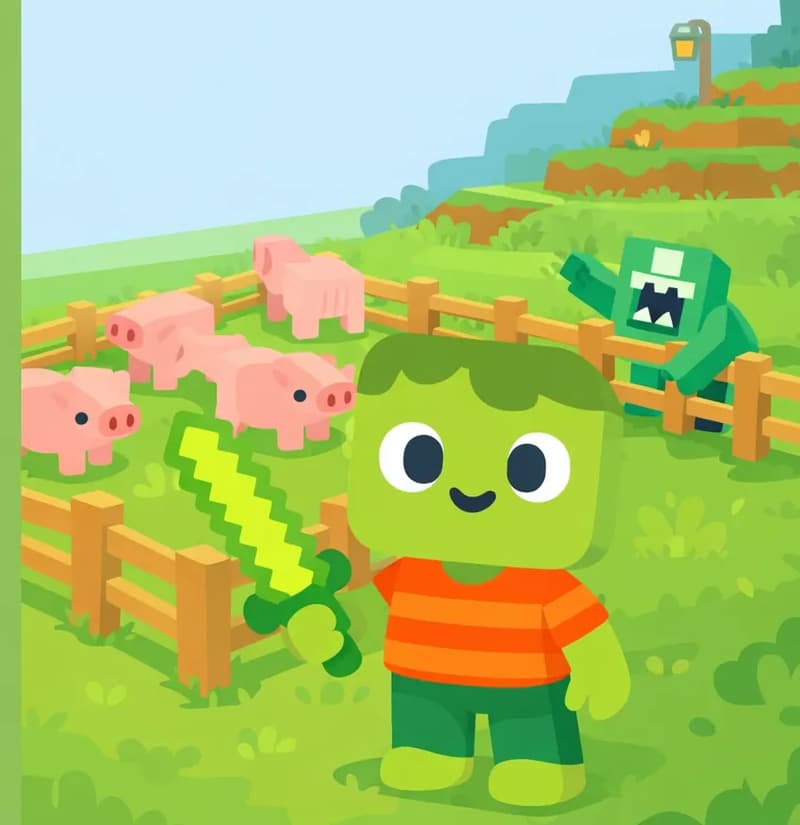 On the right side of the image, Zom stands on a grassy farm field near a wooden-fenced pen filled with pink pigs, appearing to tend to the enclosure. Zom has a blocky, squared-off head with light green skin, darker green messy hair, large white eyes with black pupils, a small smiling mouth, and wears an orange-and-red horizontally striped t-shirt with dark green pants and bright green shoes. Behind and to the right of Zom, a green zombie creature is visible near the fence, lunging with its mouth open as if trying to nip at the pigs. Several pink pigs are visible inside the fenced pen. The left ~40% of the image is a plain green overlay reserved for text. The scene is set outdoors on a sunny day in a Minecraft-style blocky farm landscape with rolling green hills, wooden fences, and a lantern post in the background.