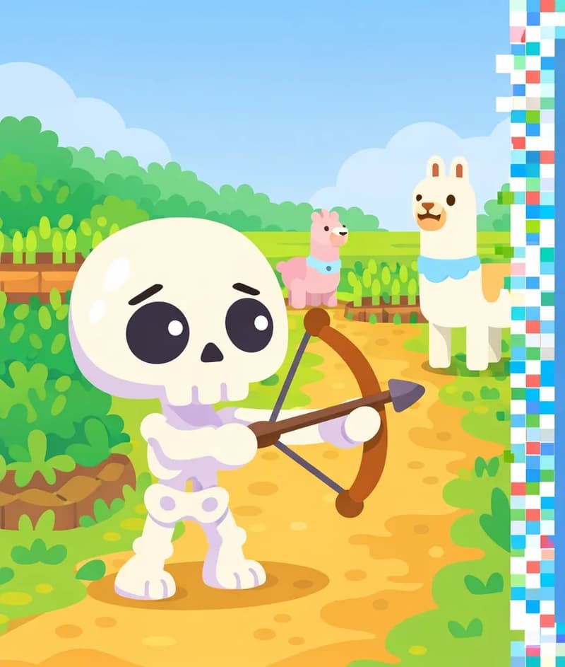 Skel stands on the left side of the image, facing toward a group of llamas in an outdoor scene with green fields, bushes, and crops visible in the background under a blue sky with soft white clouds. Skel has an oversized round cream-white skull, large dark navy-black eye sockets with small white dot pupils, and a small stubby pale-white bone body with soft lavender-purple shading at the joints. Skel has a worried, concerned expression with raised eyebrows, and is holding a brown wooden bow with an arrow nocked, aiming it toward the llamas while standing upright on a dirt and grass path. Two llamas are visible facing Skel — a small pink llama with a pale blue collar in the center of the scene, and a larger cream-white llama with a light blue neckerchief standing to its right near the crops. The right ~40% of the image is a plain blue text panel with a decorative mosaic border, left clear for text overlay.