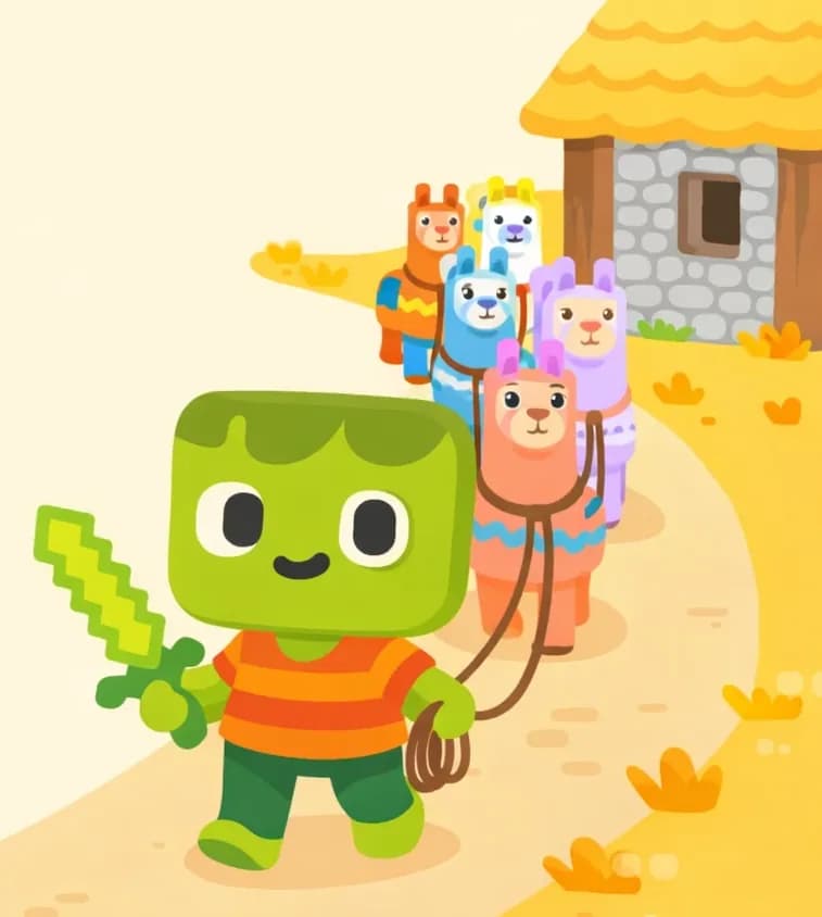 On the right side of the image, Zom stands on a dirt path walking away from a farm, holding leads attached to several llamas and guiding them forward with a determined, pleased expression. Zom has a blocky, squared-off head with light green skin, darker green messy hair, large white eyes with black pupils, a small smiling mouth, and wears an orange-and-red horizontally striped t-shirt with dark green pants and bright green shoes. Several llamas (approximately 3–4) wearing colorful decorative blankets follow closely behind in a line near a wooden farm building. More llamas follow behind them in a fluent line. The scene is set outdoors in a sunny suburban farmyard environment with warm daylight. The left ~40% of the image is open for text overlay.