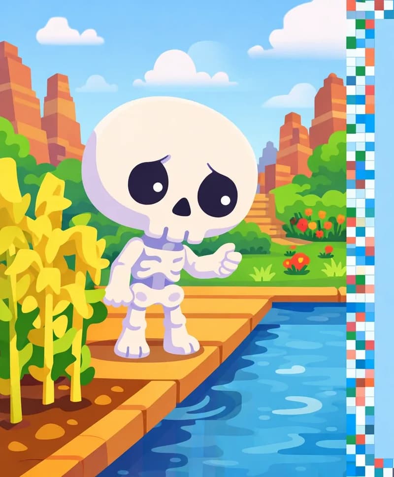 Skel stands on the left side of the image on a wooden path beside a pond, with a cautious, uncertain expression. Skel has an oversized round cream-white skull, large dark navy-black eye sockets with small white dot pupils, and a small stubby pale-white bone body with soft lavender-purple shading at the joints. He is positioned near tall yellow crops (wheat/corn), looking down at the pond with one arm slightly raised, as if wary of what might come next. The outdoor scene features a daytime sky with scattered clouds, a calm blue pond with fluid ripples on the water surface, and rocky terrain with greenery and red flowers in the background. The right ~40% of the image is occupied by a blank blue text overlay area with a decorative pixelated border.