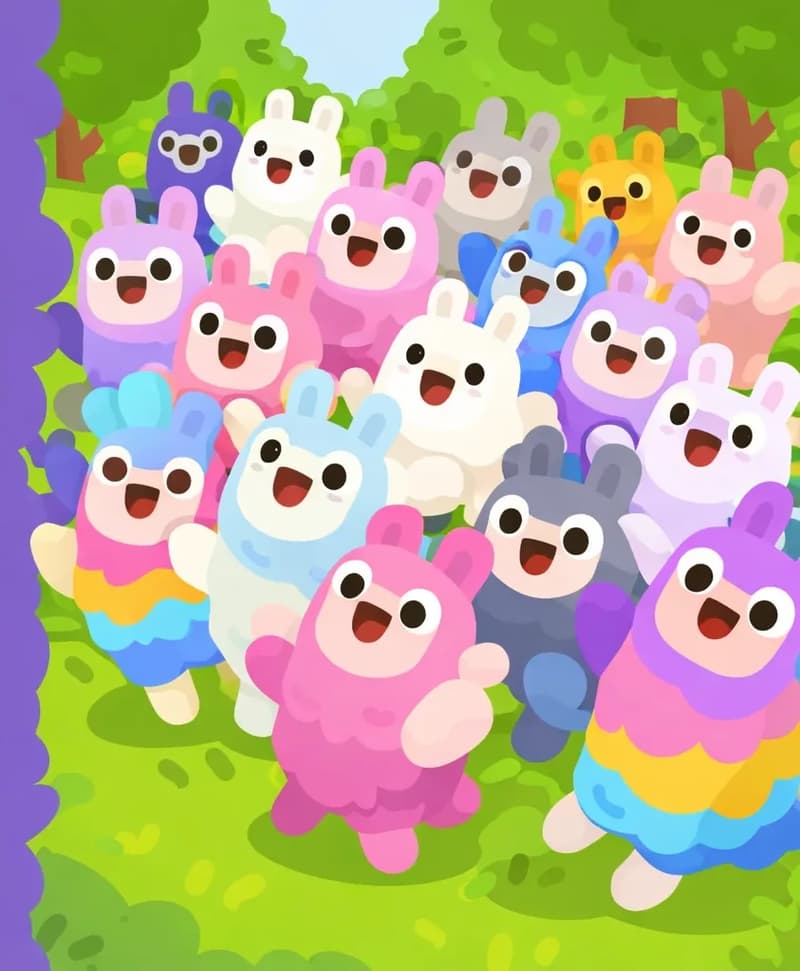 On the right side of the image, a large crowd of colorful llamas (white, pink, purple, blue, gray, and multicolored) presses eagerly into an outdoor grassy area, packed tightly together with excited, wide-eyed expressions. The llamas are seen from a slightly elevated angle, jostling and crowding one another as they swarm the spot, some standing and some pushing forward enthusiastically, rioting across the grass in a fever. The scene is set outdoors during daytime with green trees and foliage visible in the background. The left side of the image is a plain purple-toned background area clear of characters.